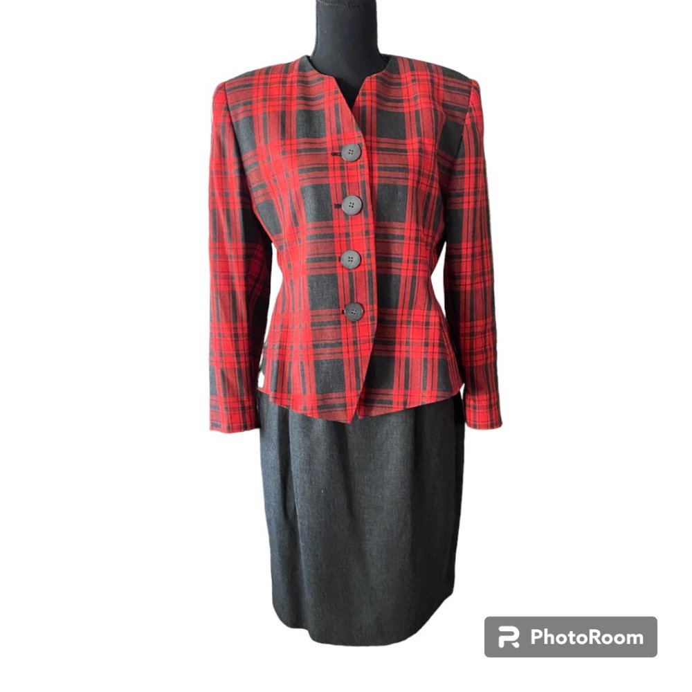 Amanda Smith Petites Vintage 2pc skirt suit red plaid blazer charcoal skirt 10P
